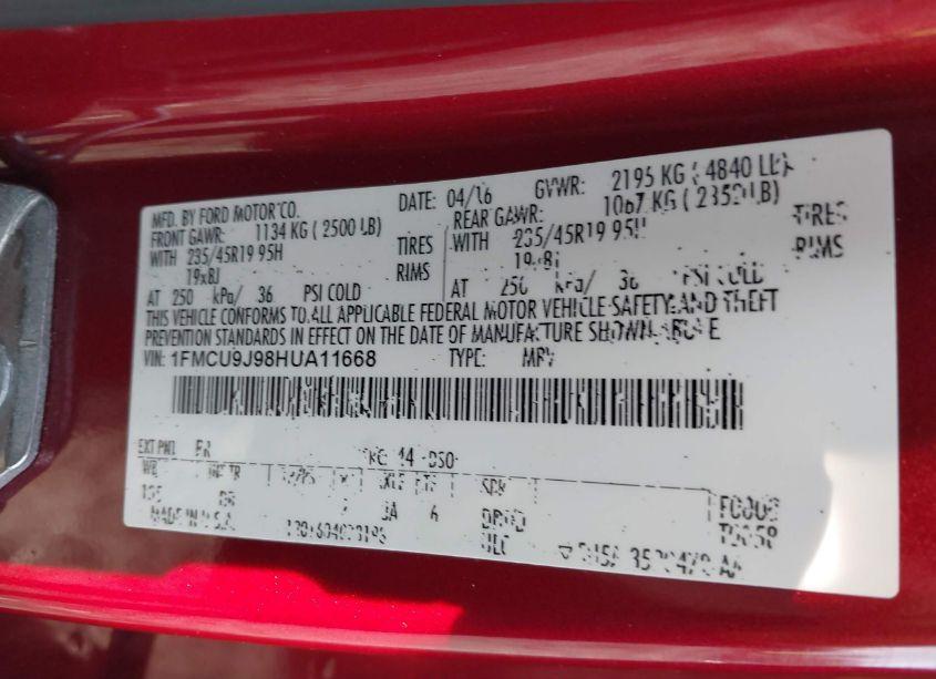 Photo 9 of 2017 Ford Escape TITANIUM (VIN 1FMCU9J98HUA11668)