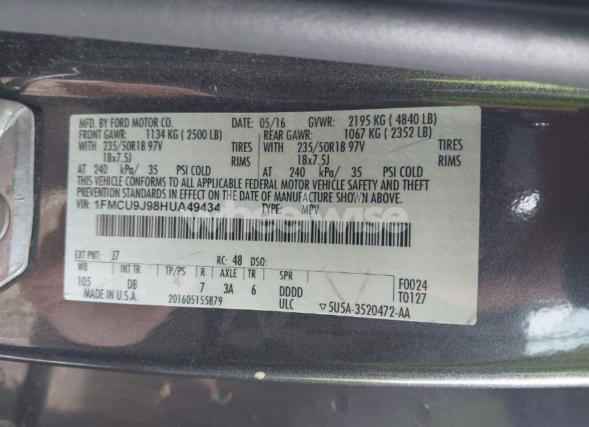 Photo 9 of 2017 Ford Escape TITANIUM (VIN 1FMCU9J98HUA49434)