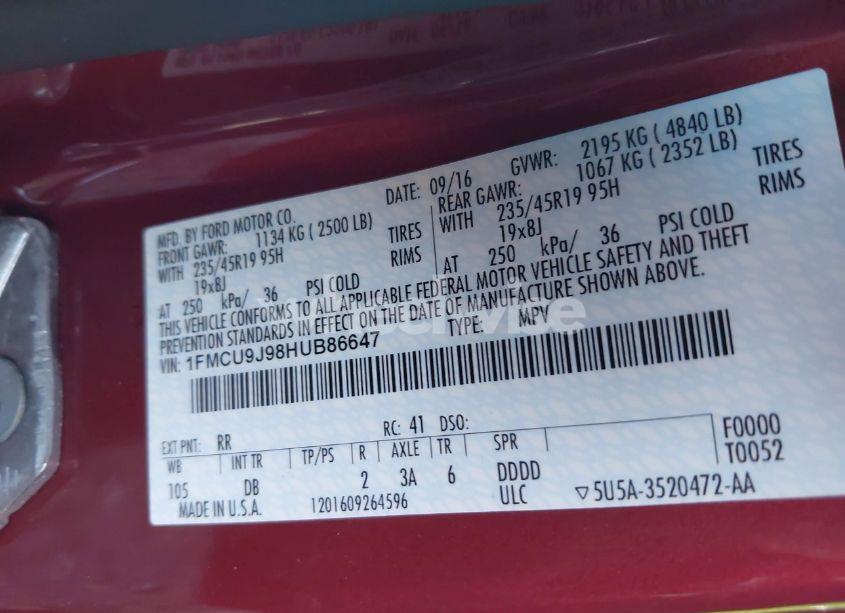 Photo 9 of 2017 Ford Escape TITANIUM (VIN 1FMCU9J98HUB86647)