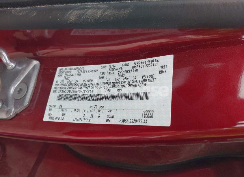 Photo 9 of 2017 Ford Escape TITANIUM (VIN 1FMCU9J98HUC27214)