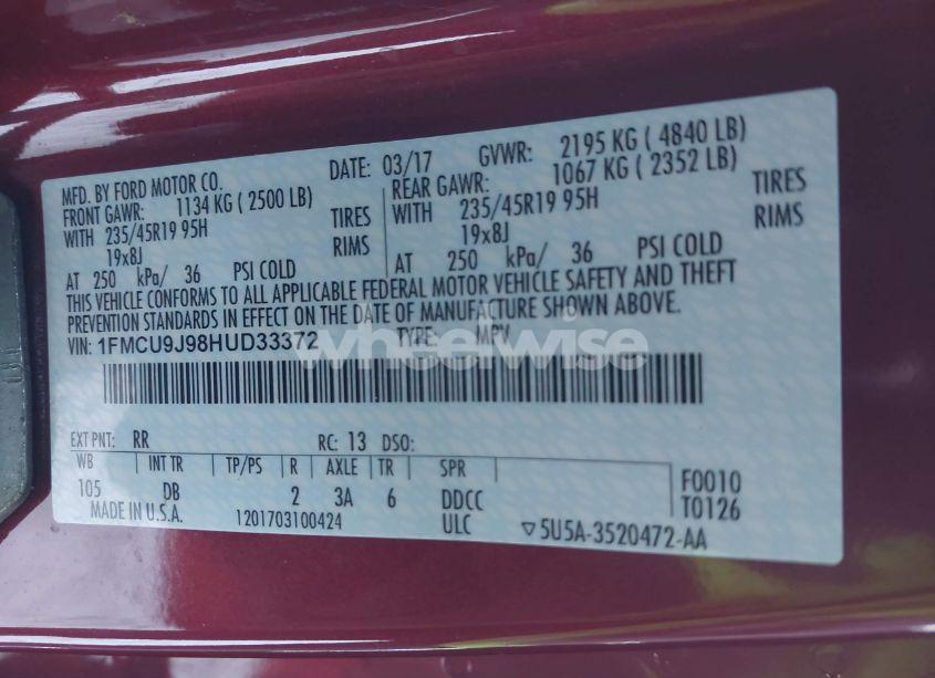 Photo 9 of 2017 Ford Escape TITANIUM (VIN 1FMCU9J98HUD33372)