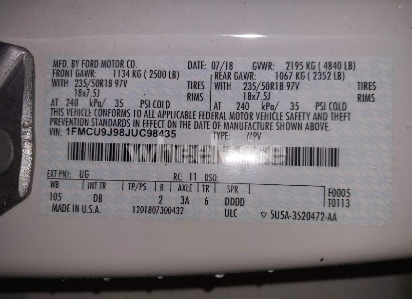 Photo 9 of 2018 Ford Escape TITANIUM (VIN 1FMCU9J98JUC98435)