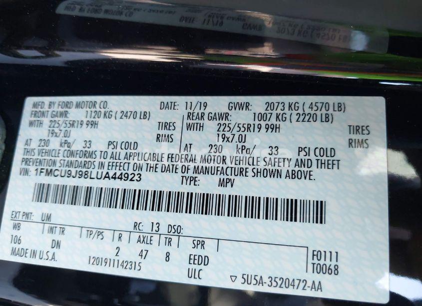 Photo 9 of 2020 Ford Escape TITANIUM (VIN 1FMCU9J98LUA44923)