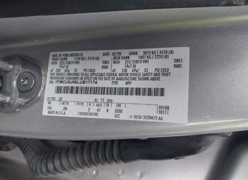 Photo 9 of 2020 Ford Escape TITANIUM (VIN 1FMCU9J98LUB17174)