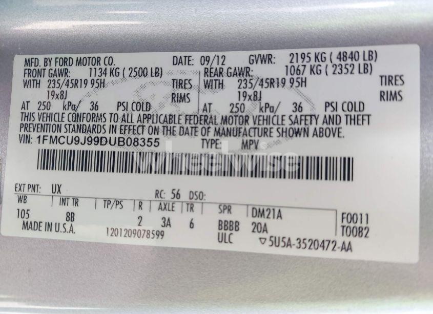 Photo 9 of 2013 Ford Escape TITANIUM (VIN 1FMCU9J99DUB08355)