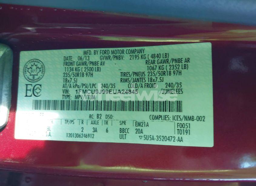 Photo 9 of 2014 Ford Escape TITANIUM (VIN 1FMCU9J99EUA24845)