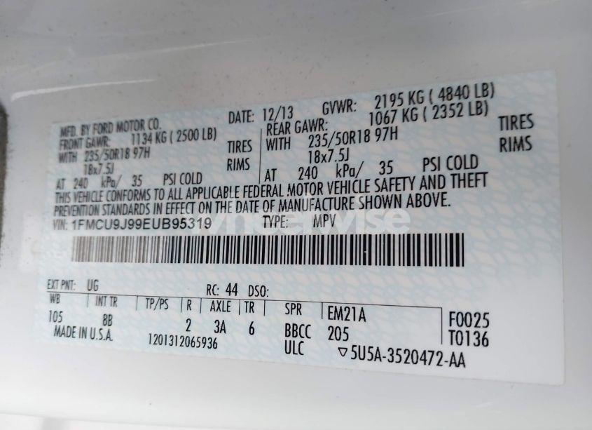 Photo 9 of 2014 Ford Escape TITANIUM (VIN 1FMCU9J99EUB95319)