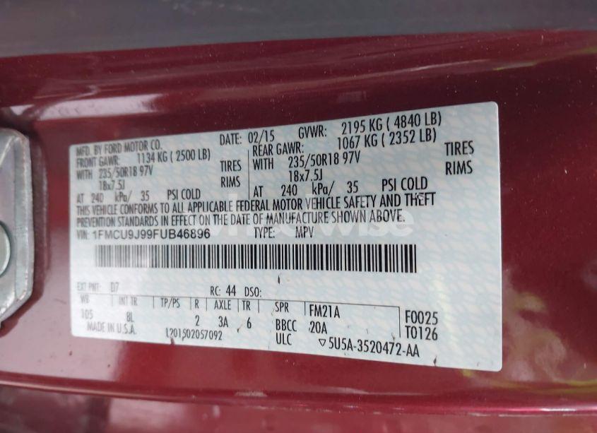 Photo 9 of 2015 Ford Escape TITANIUM (VIN 1FMCU9J99FUB46896)