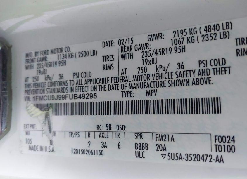 Photo 9 of 2015 Ford Escape TITANIUM (VIN 1FMCU9J99FUB49295)