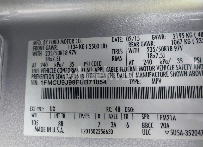 Photo 9 of 2015 Ford Escape TITANIUM (VIN 1FMCU9J99FUB71054)