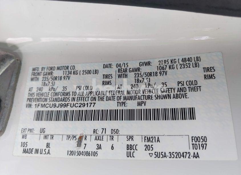 Photo 9 of 2015 Ford Escape TITANIUM (VIN 1FMCU9J99FUC29177)