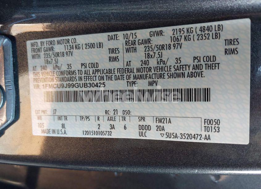 Photo 9 of 2016 Ford Escape TITANIUM (VIN 1FMCU9J99GUB30425)