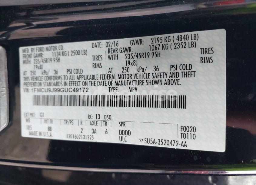 Photo 9 of 2016 Ford Escape TITANIUM (VIN 1FMCU9J99GUC49172)