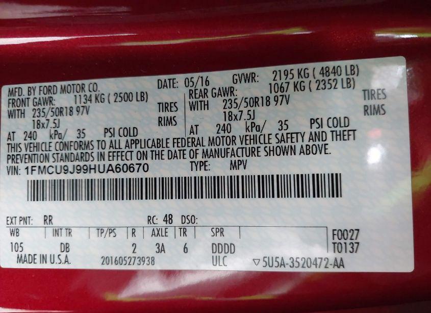 Photo 9 of 2017 Ford Escape TITANIUM (VIN 1FMCU9J99HUA60670)