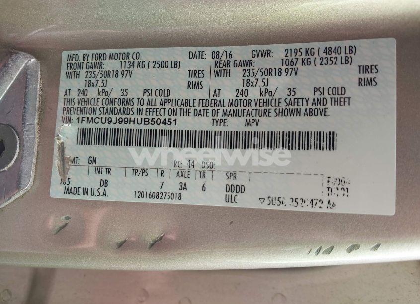 Photo 9 of 2017 Ford Escape TITANIUM (VIN 1FMCU9J99HUB50451)