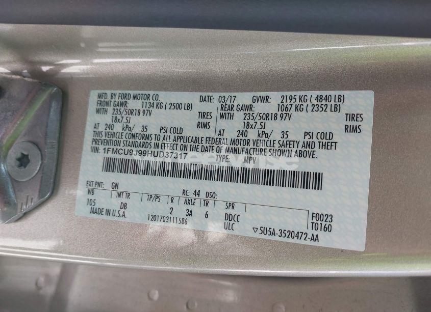 Photo 9 of 2017 Ford Escape TITANIUM (VIN 1FMCU9J99HUD37317)