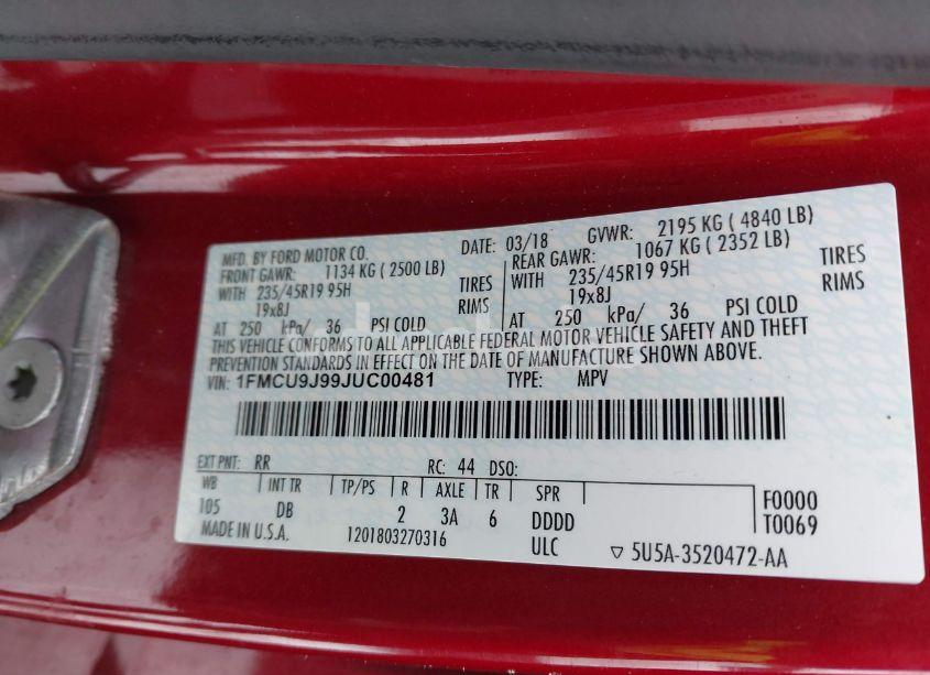 Photo 9 of 2018 Ford Escape TITANIUM (VIN 1FMCU9J99JUC00481)