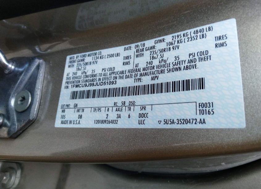 Photo 9 of 2018 Ford Escape TITANIUM (VIN 1FMCU9J99JUD51093)