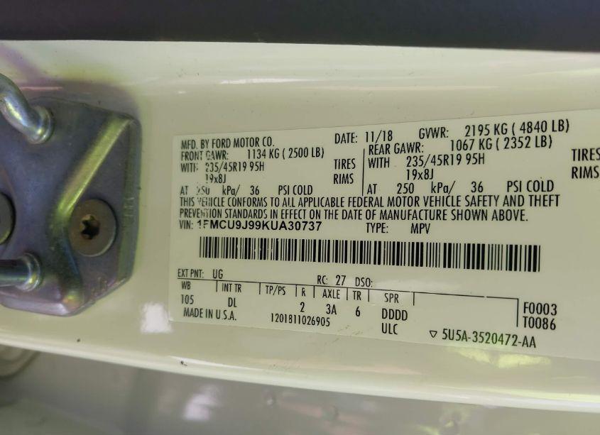 Photo 9 of 2019 Ford Escape TITANIUM (VIN 1FMCU9J99KUA30737)