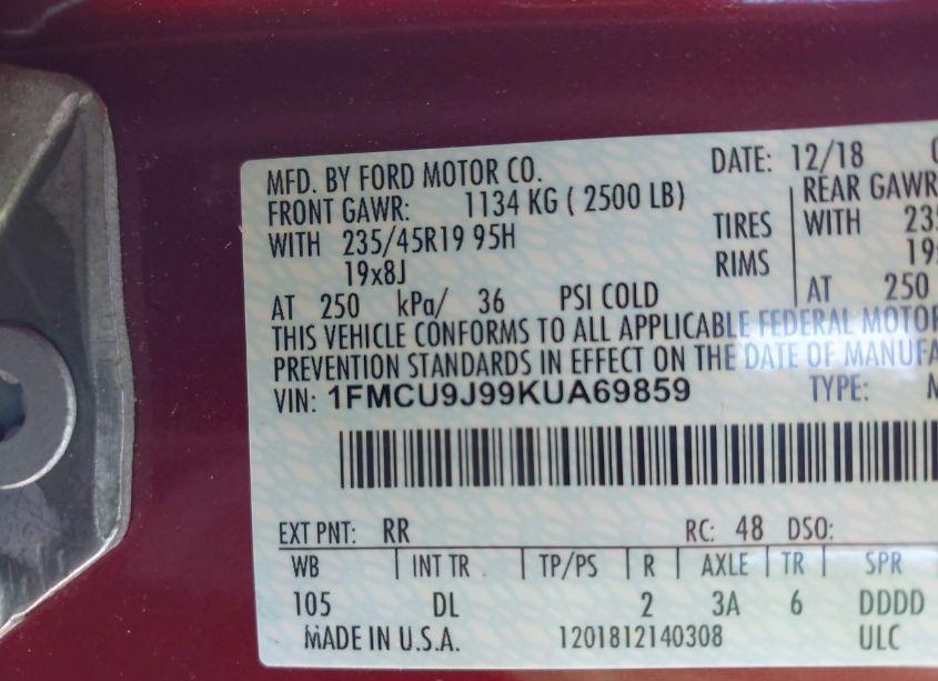 Photo 9 of 2019 Ford Escape TITANIUM (VIN 1FMCU9J99KUA69859)