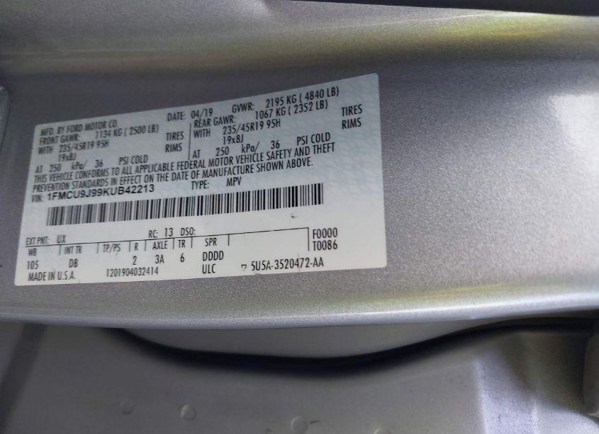 Photo 9 of 2019 Ford Escape TITANIUM (VIN 1FMCU9J99KUB42213)