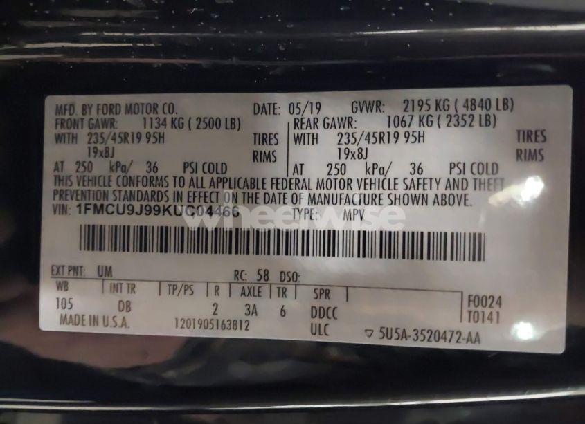 Photo 9 of 2019 Ford Escape TITANIUM (VIN 1FMCU9J99KUC04466)