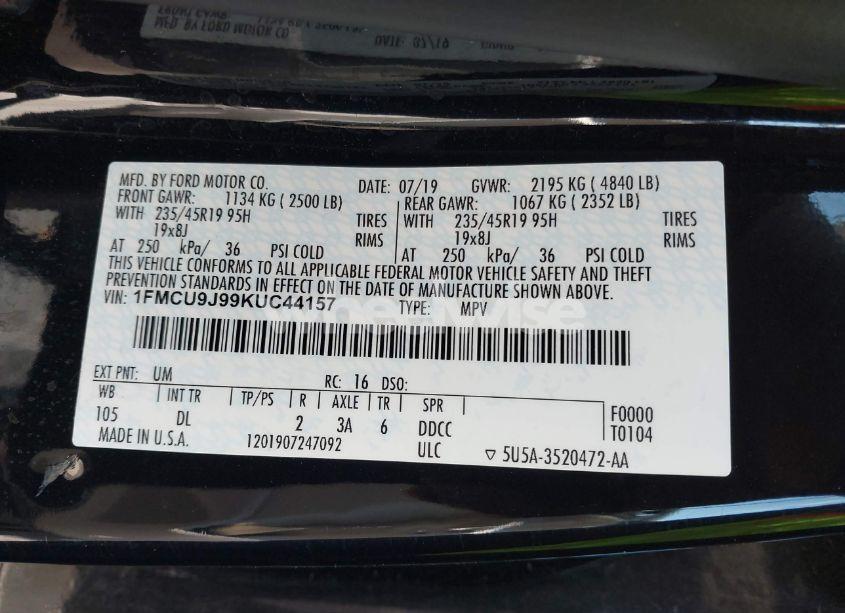 Photo 9 of 2019 Ford Escape TITANIUM (VIN 1FMCU9J99KUC44157)