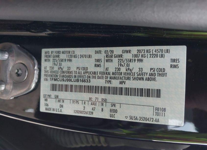 Photo 9 of 2020 Ford Escape TITANIUM (VIN 1FMCU9J99LUB16633)