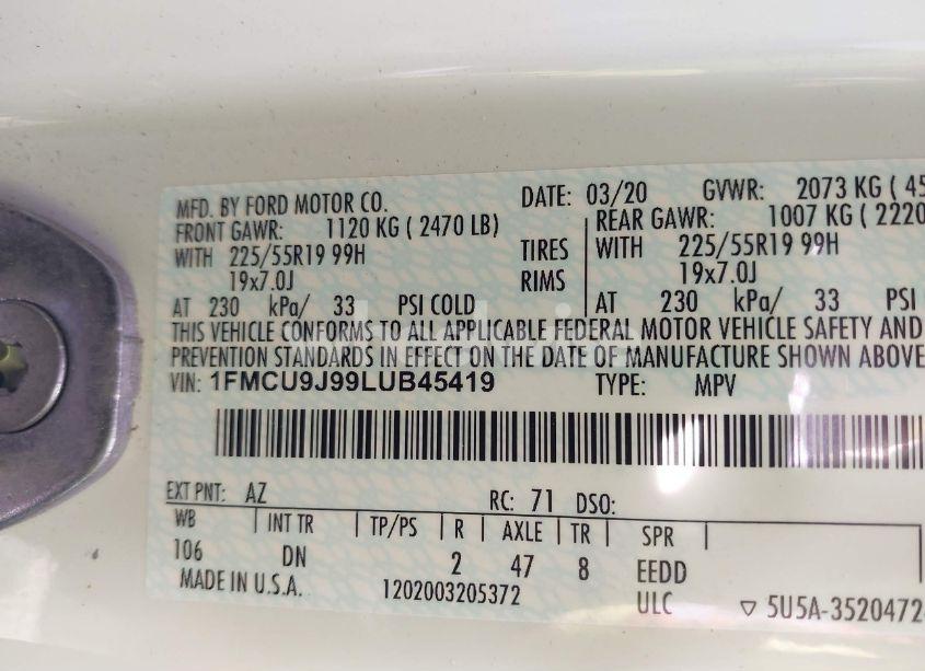 Photo 9 of 2020 Ford Escape TITANIUM (VIN 1FMCU9J99LUB45419)