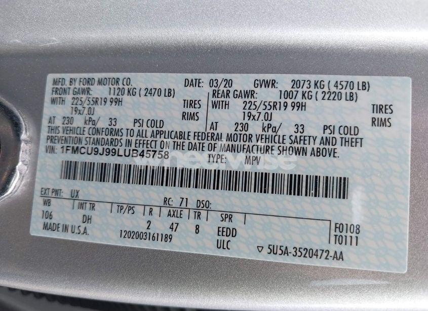 Photo 9 of 2020 Ford Escape TITANIUM (VIN 1FMCU9J99LUB45758)