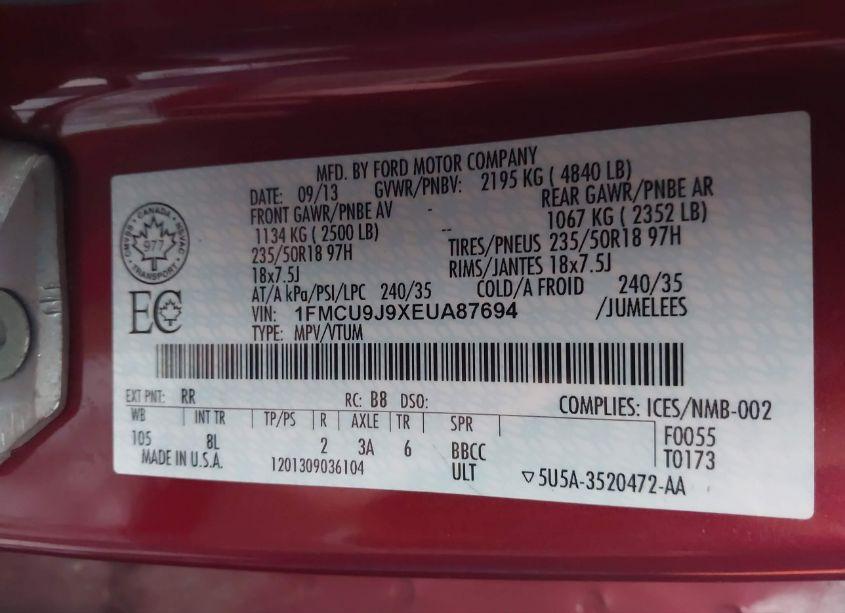 Photo 9 of 2014 Ford Escape TITANIUM (VIN 1FMCU9J9XEUA87694)