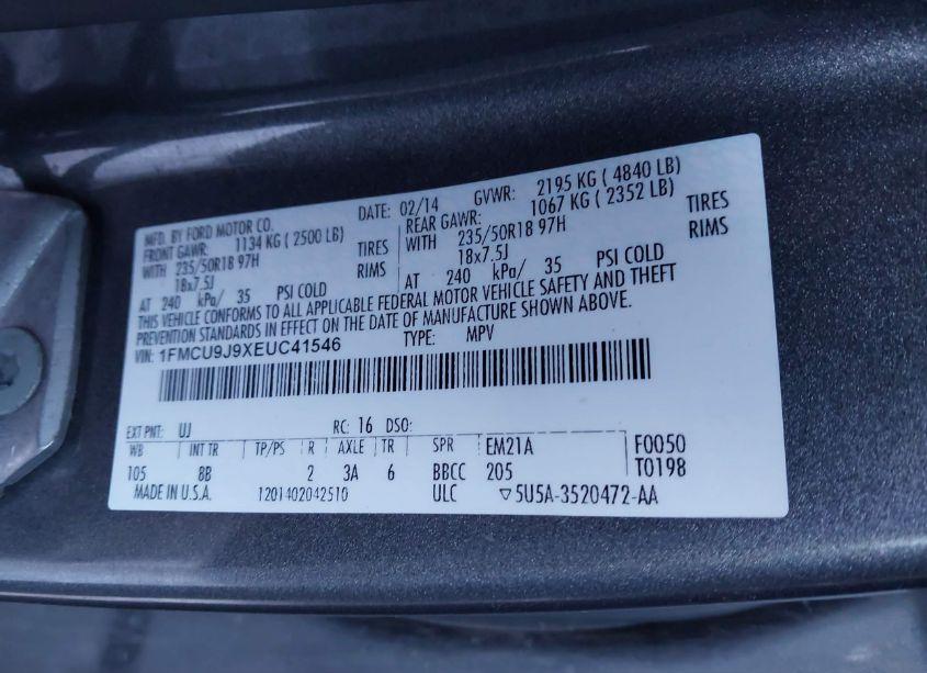 Photo 9 of 2014 Ford Escape TITANIUM (VIN 1FMCU9J9XEUC41546)