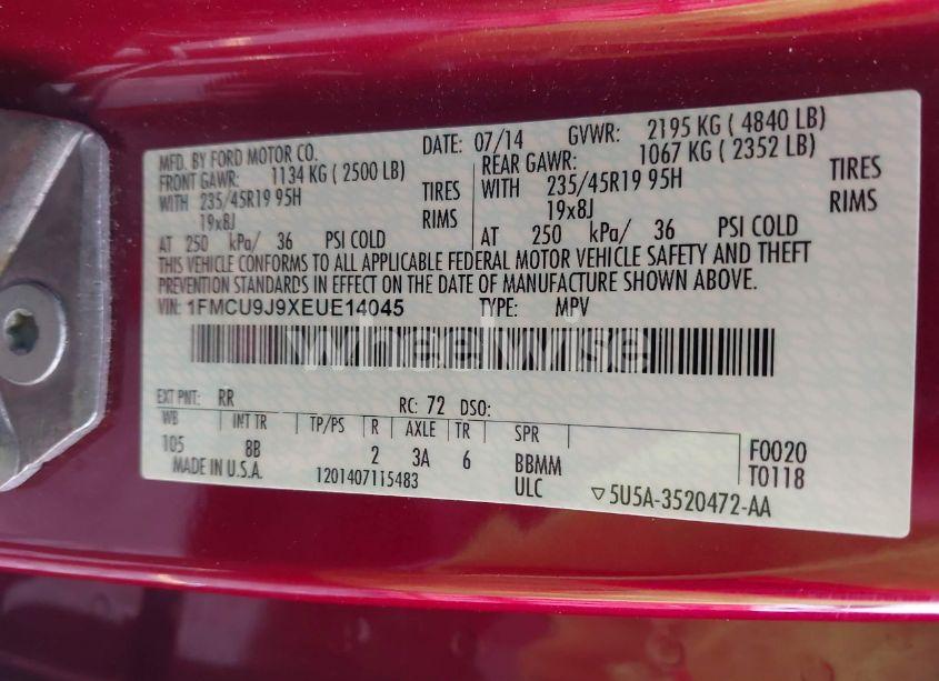 Photo 9 of 2014 Ford Escape TITANIUM (VIN 1FMCU9J9XEUE14045)