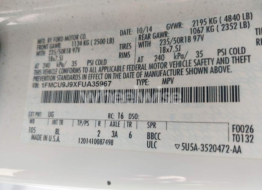 Photo 9 of 2015 Ford Escape TITANIUM (VIN 1FMCU9J9XFUA35967)