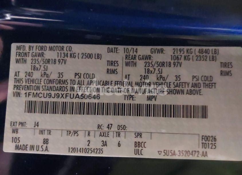 Photo 9 of 2015 Ford Escape TITANIUM (VIN 1FMCU9J9XFUA50646)