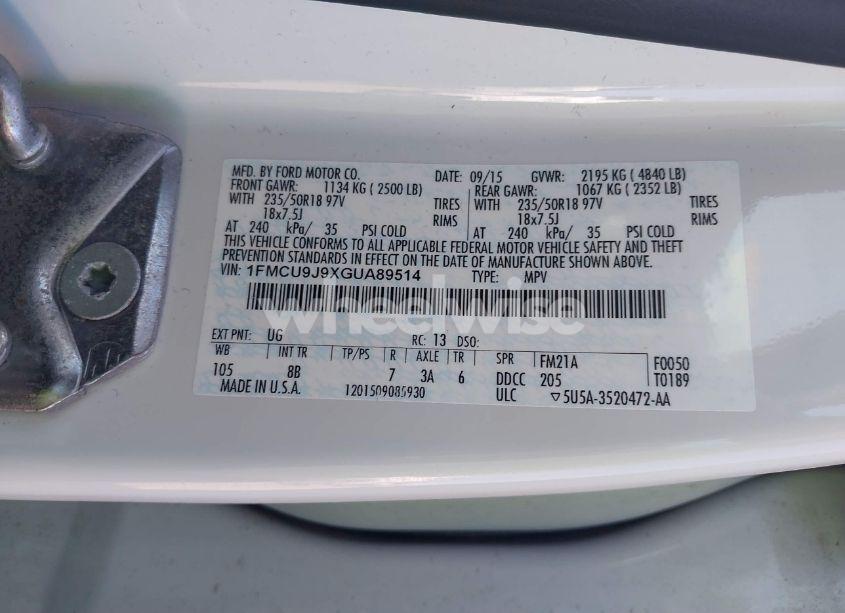 Photo 9 of 2016 Ford Escape TITANIUM (VIN 1FMCU9J9XGUA89514)