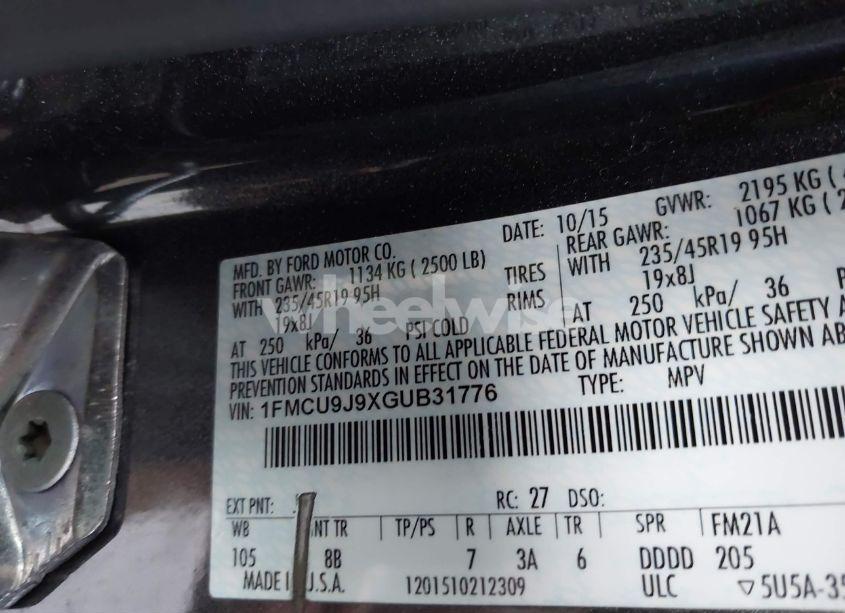 Photo 9 of 2016 Ford Escape TITANIUM (VIN 1FMCU9J9XGUB31776)