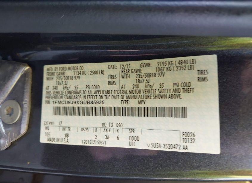 Photo 9 of 2016 Ford Escape TITANIUM (VIN 1FMCU9J9XGUB85935)