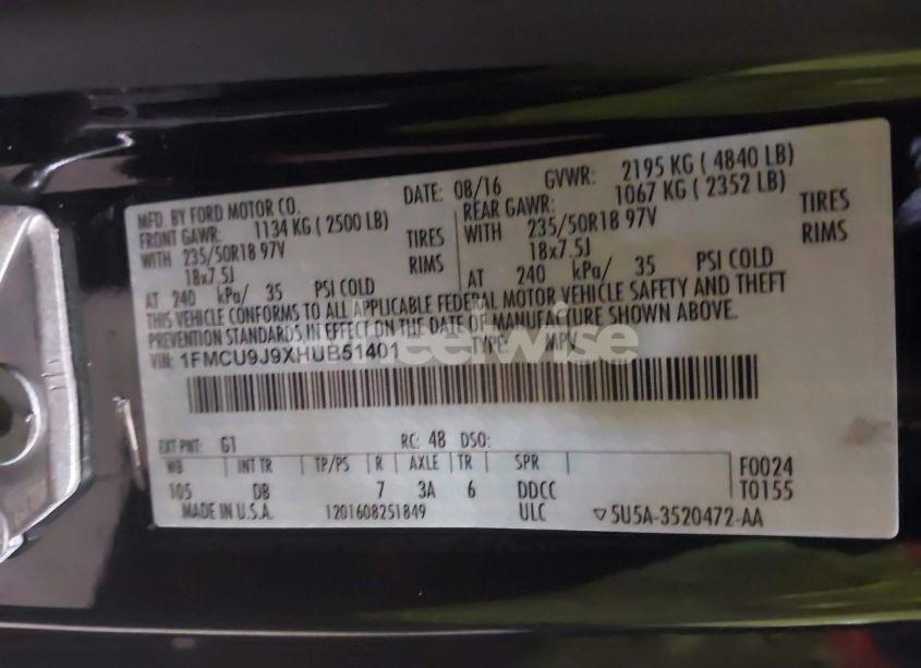 Photo 9 of 2017 Ford Escape TITANIUM (VIN 1FMCU9J9XHUB51401)