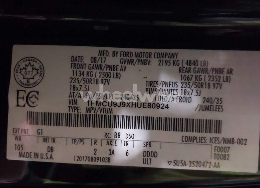 Photo 9 of 2017 Ford Escape TITANIUM (VIN 1FMCU9J9XHUE80924)