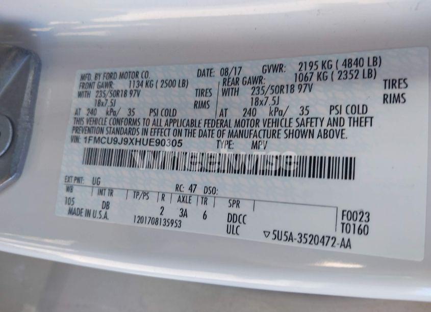 Photo 9 of 2017 Ford Escape TITANIUM (VIN 1FMCU9J9XHUE90305)