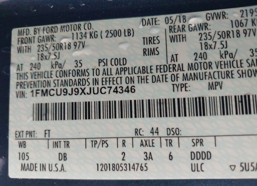 Photo 9 of 2018 Ford Escape TITANIUM (VIN 1FMCU9J9XJUC74346)