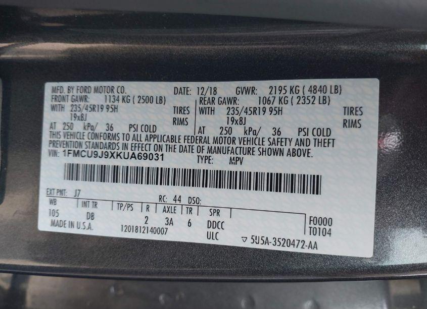 Photo 9 of 2019 Ford Escape TITANIUM (VIN 1FMCU9J9XKUA69031)