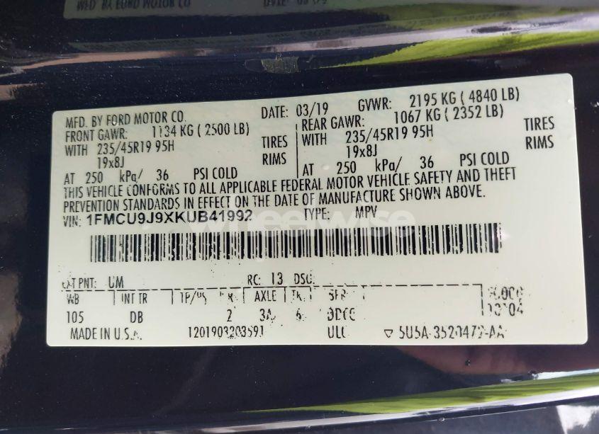 Photo 9 of 2019 Ford Escape TITANIUM (VIN 1FMCU9J9XKUB41992)