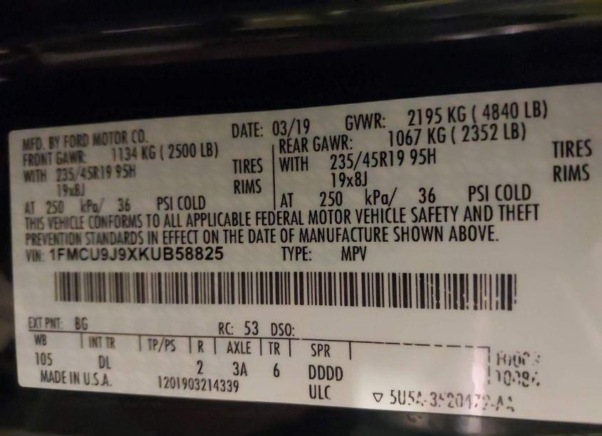 Photo 9 of 2019 Ford Escape TITANIUM (VIN 1FMCU9J9XKUB58825)