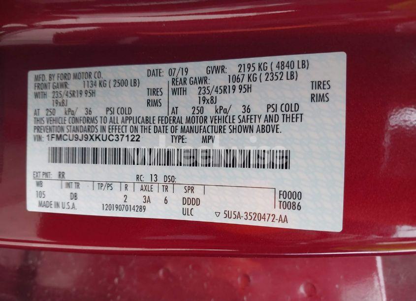 Photo 9 of 2019 Ford Escape TITANIUM (VIN 1FMCU9J9XKUC37122)