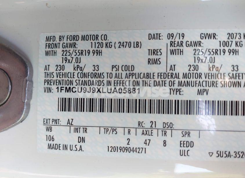 Photo 9 of 2020 Ford Escape TITANIUM (VIN 1FMCU9J9XLUA05881)