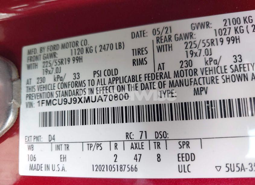 Photo 9 of 2021 Ford Escape TITANIUM (VIN 1FMCU9J9XMUA70800)