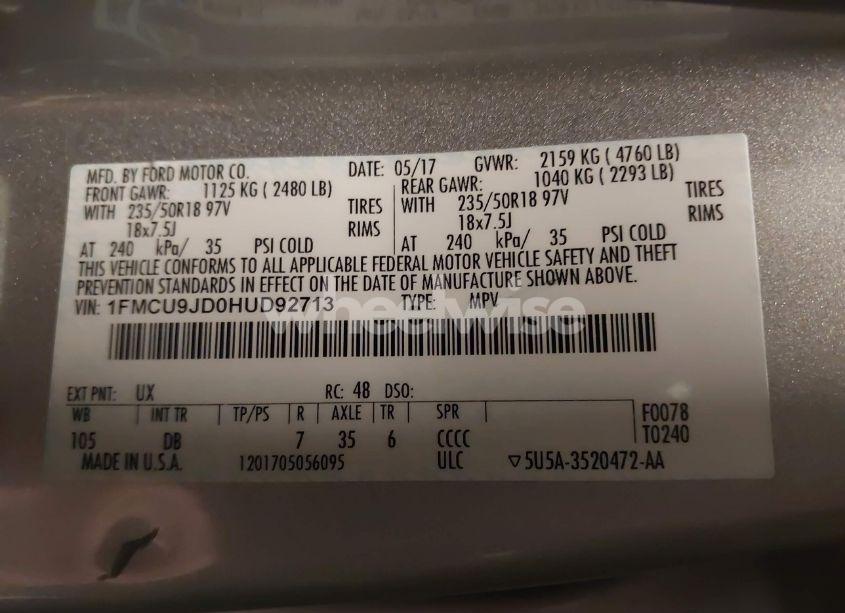 Photo 9 of 2017 Ford Escape TITANIUM (VIN 1FMCU9JD0HUD92713)