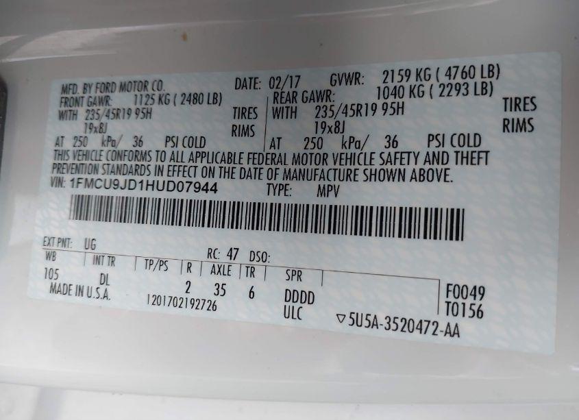 Photo 9 of 2017 Ford Escape TITANIUM (VIN 1FMCU9JD1HUD07944)